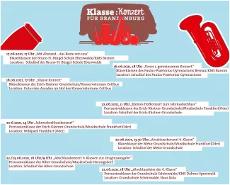 Termine Klasse:Konzert, blauer Hintergrund rotes Bus-Logo und Instrumente