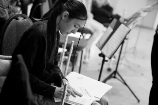 Kind schreibt Noten, Bl&auml;serklassenkonzert 2022